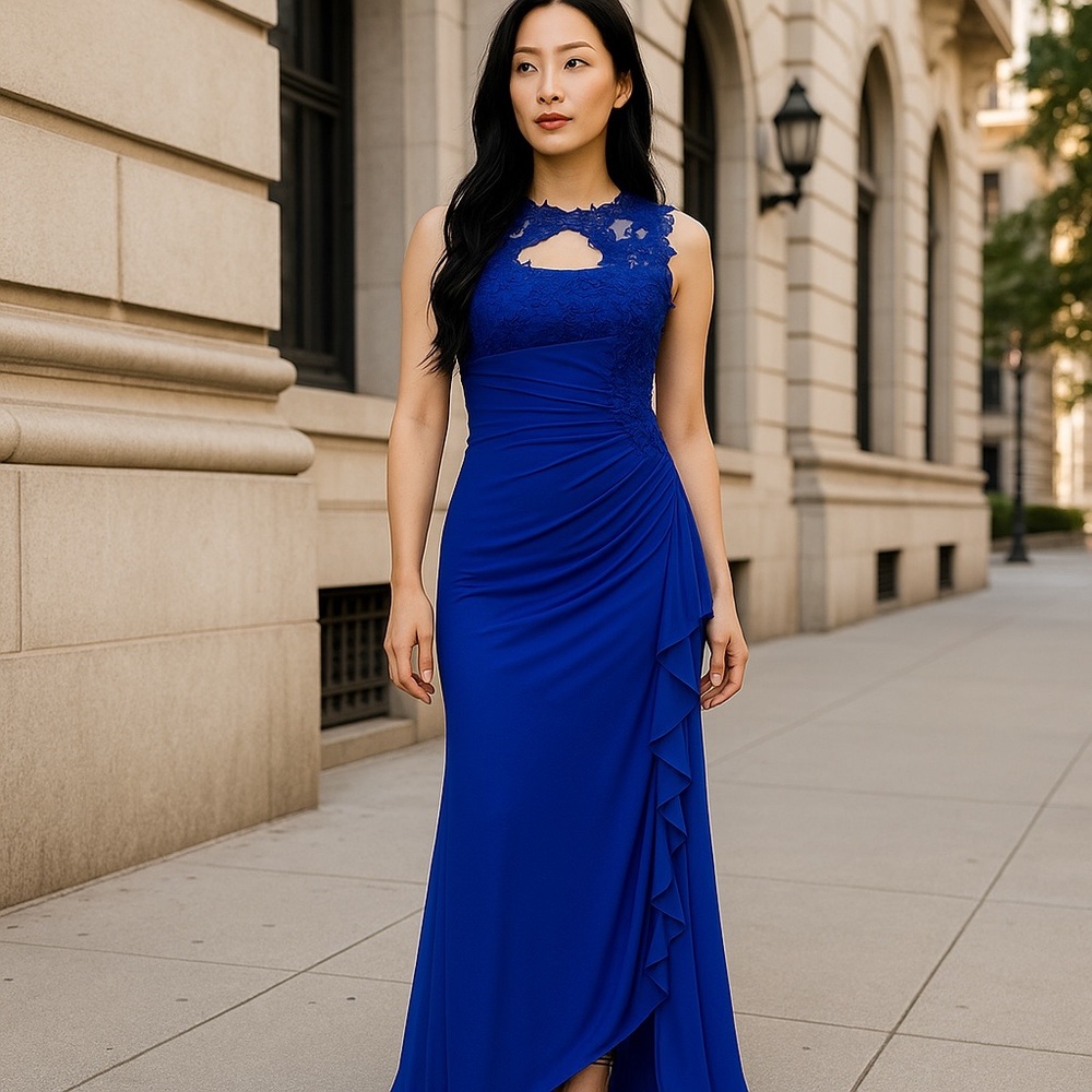 Blue Ruched Ruffled Maxi Gown - Picture 7 of 9